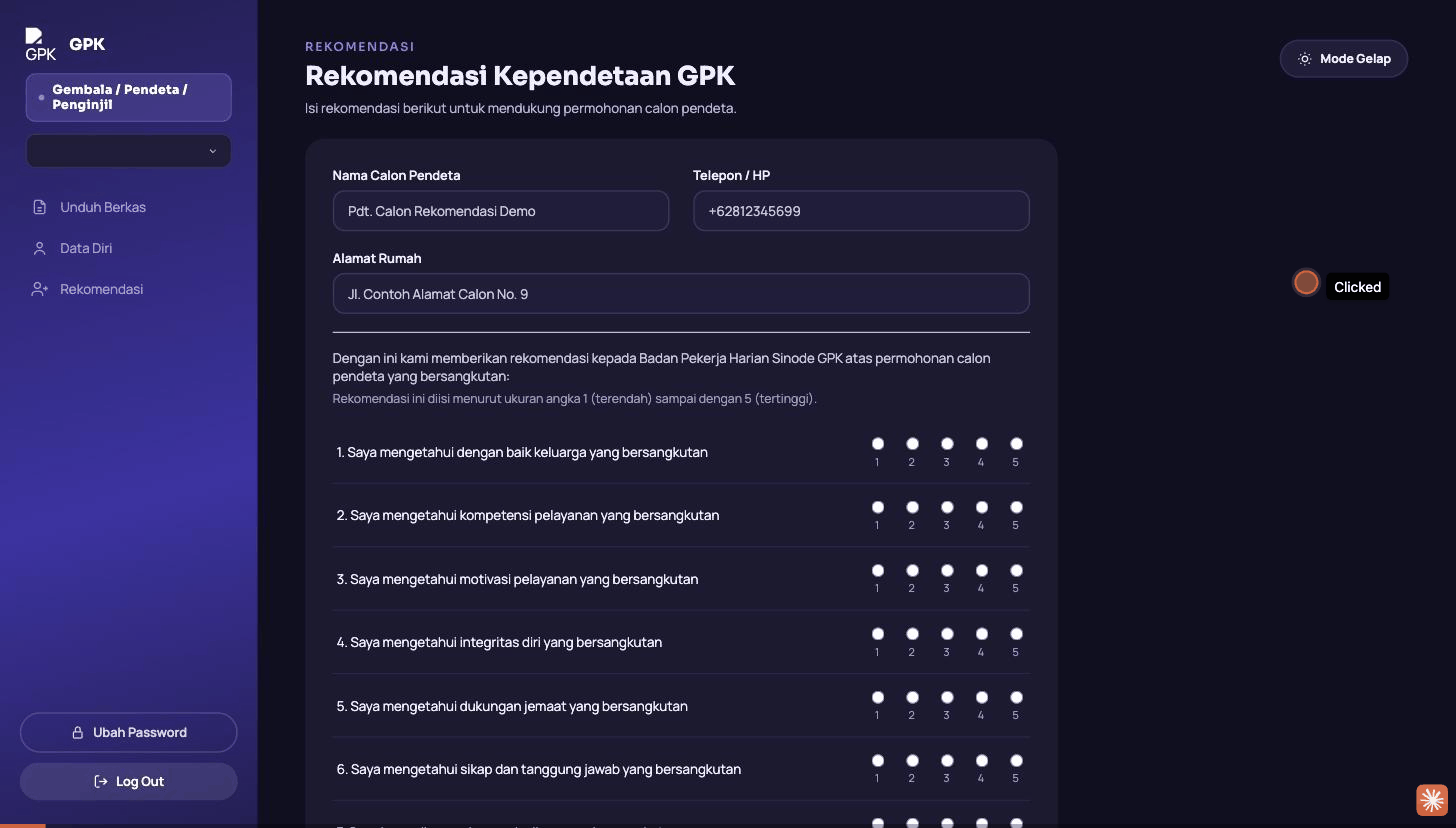 Rekaman layar mengisi formulir rekomendasi untuk seorang calon