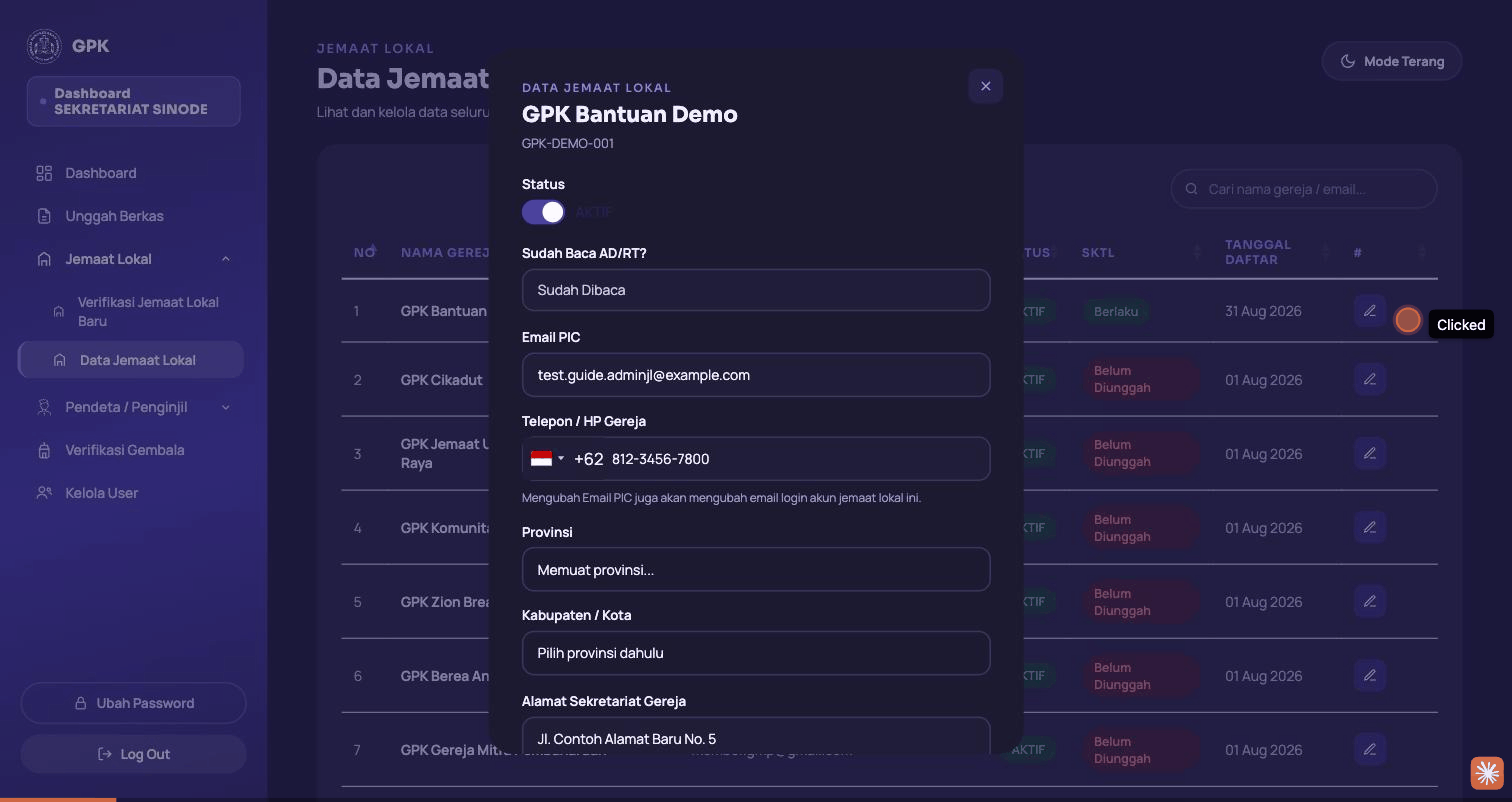 Rekaman layar membuka menu Data Jemaat Lokal, mengedit alamat sekretariat, lalu menyimpan