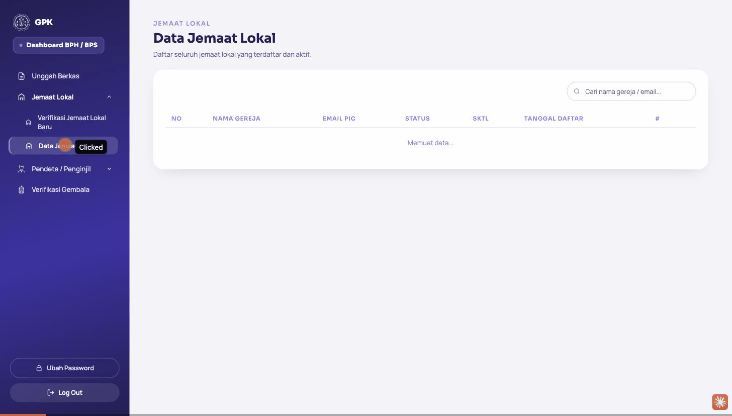 Rekaman layar membuka Data Jemaat Lokal, melihat detail hanya-baca, lalu membuka Data Pendeta/Penginjil