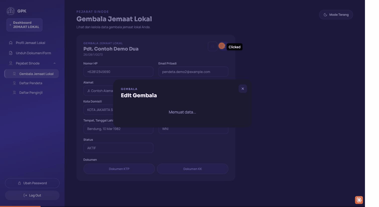 Rekaman layar membuka Edit pada halaman Gembala Jemaat Lokal dan mengunggah Foto