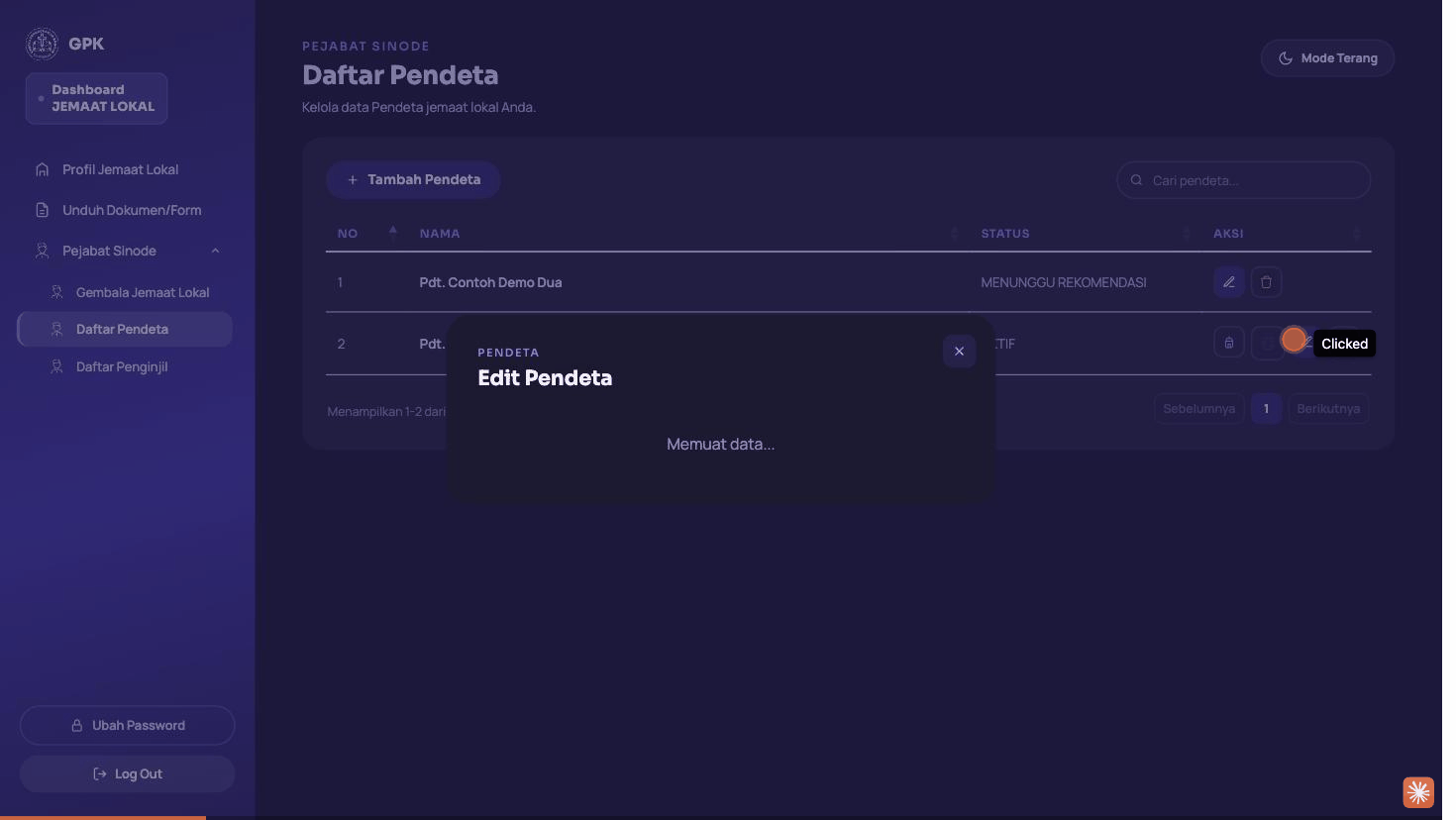 Rekaman layar membuka Edit pada baris pendeta berstatus Aktif, menunjukkan field Foto
